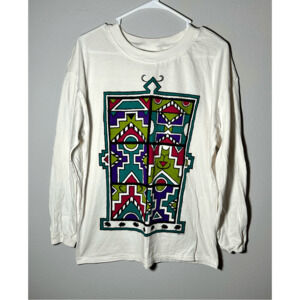 Vintage Don’t Panic Long Sleeve T-Shirt White Aztec Native Graphic Design Sz M